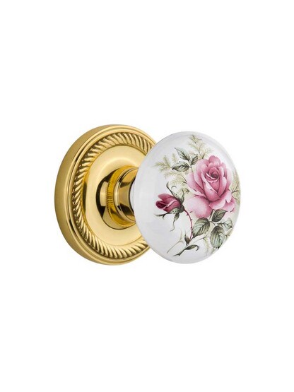 Rope Rose with Rose Porcelain Knob in Polished Brass with .